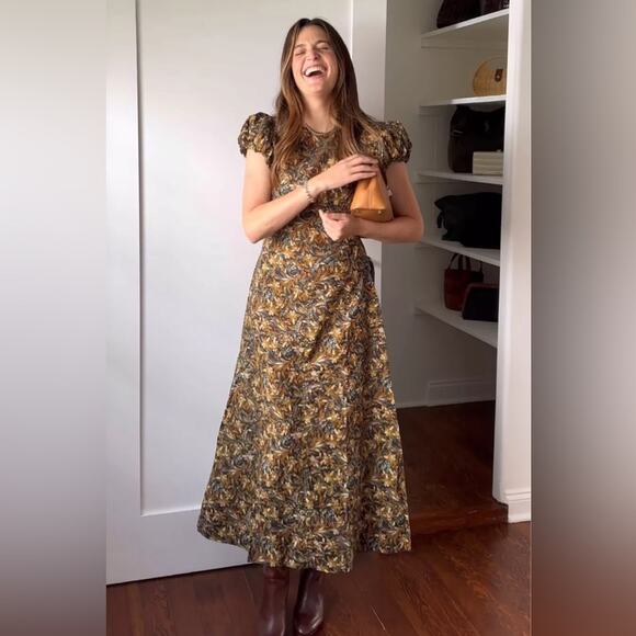 Doen Rhodia Cotton Crew Neck Short Puff Sleeve Maxi Dress Noir Narcissus Floral - Picture 6 of 13